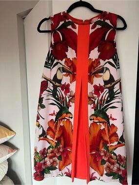 Ted Baker Tropical Floral A-Line Dress in Coral and Pink